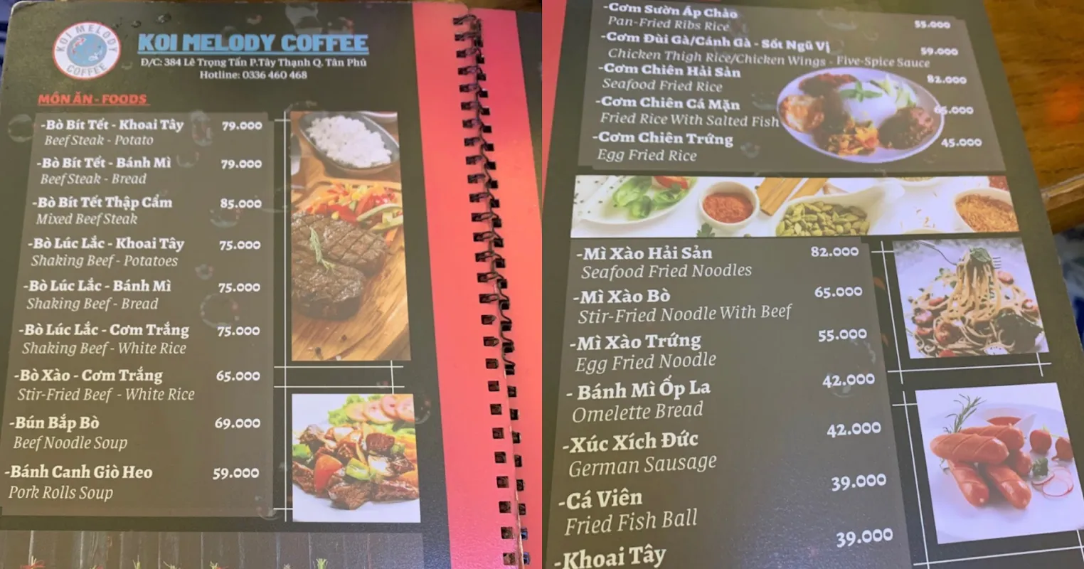 Menu tại quán Koi Melody Coffee Lê Trọng Tấn