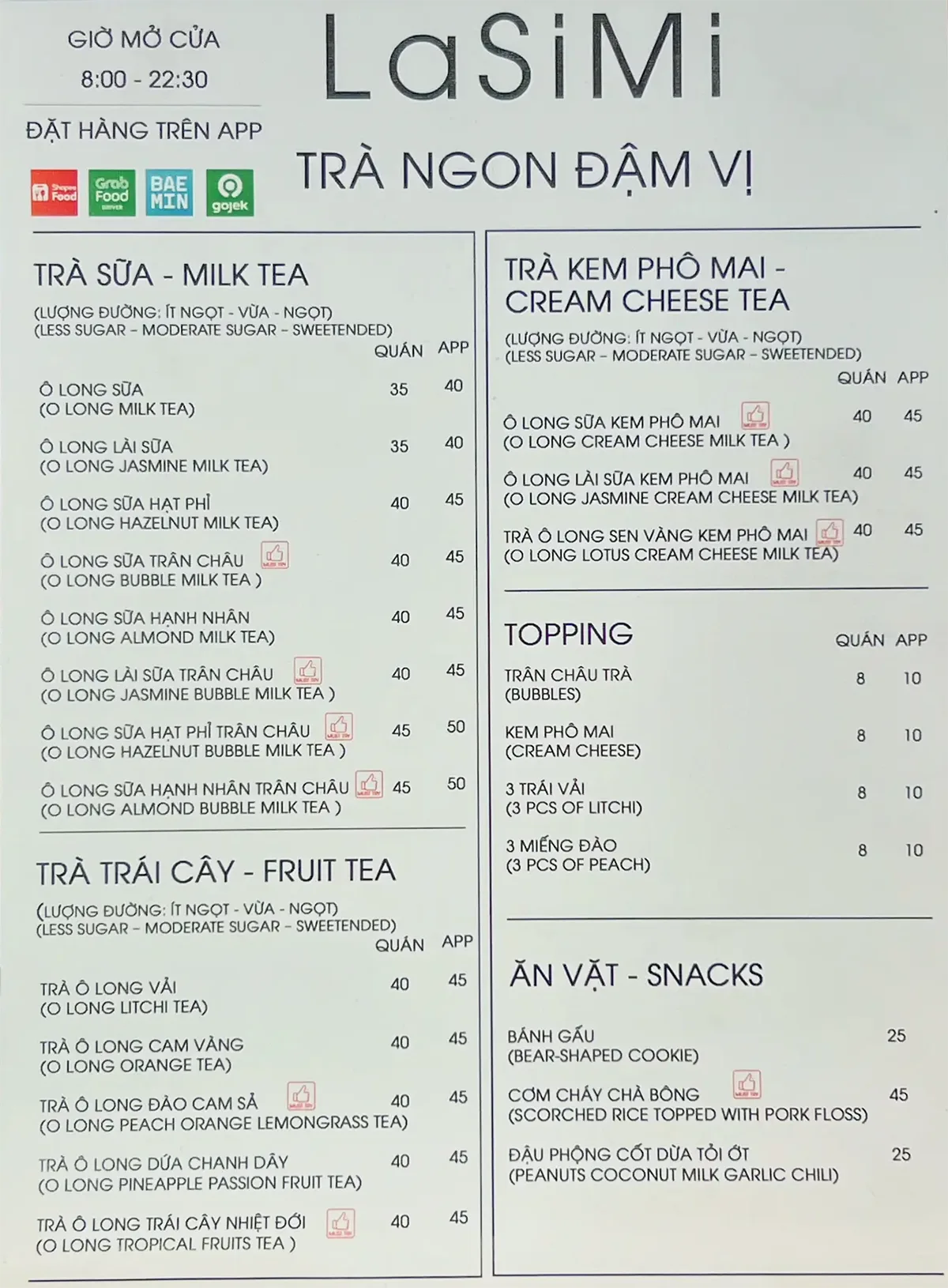 Menu Trà Sữa Ô Long LaSiMi TP. HCM mới nhất 