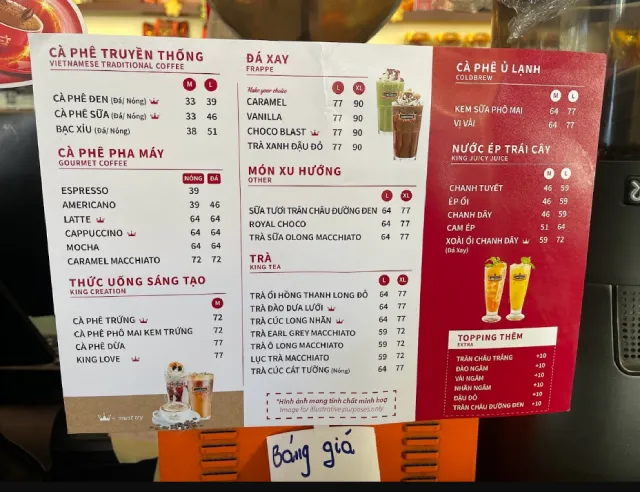 Menu King Coffee tại TP. HCM mới nhất 