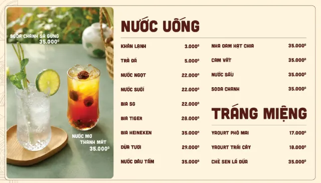 nước uống trong menu cơm niêu Thiên Lý