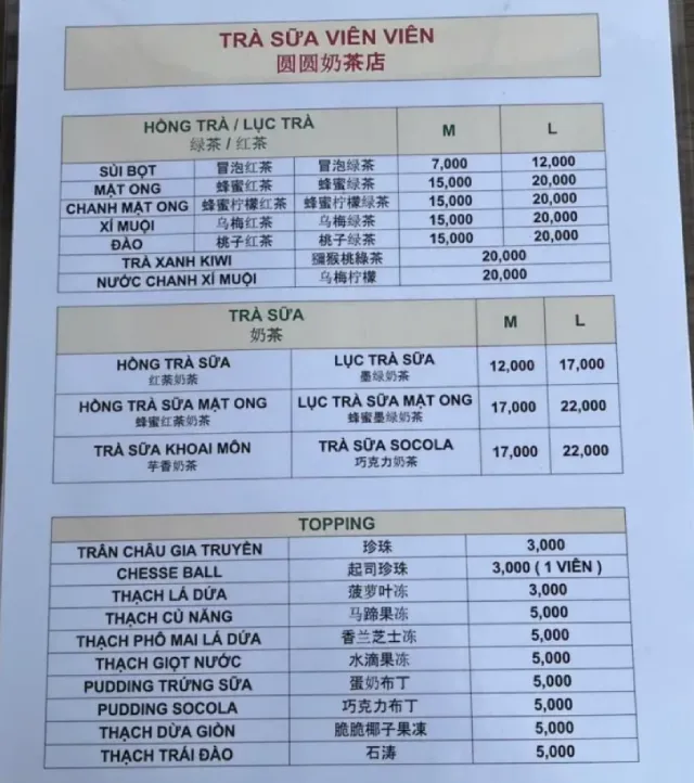 Cập nhật menu và bảng giá Trà sữa Viên Viên